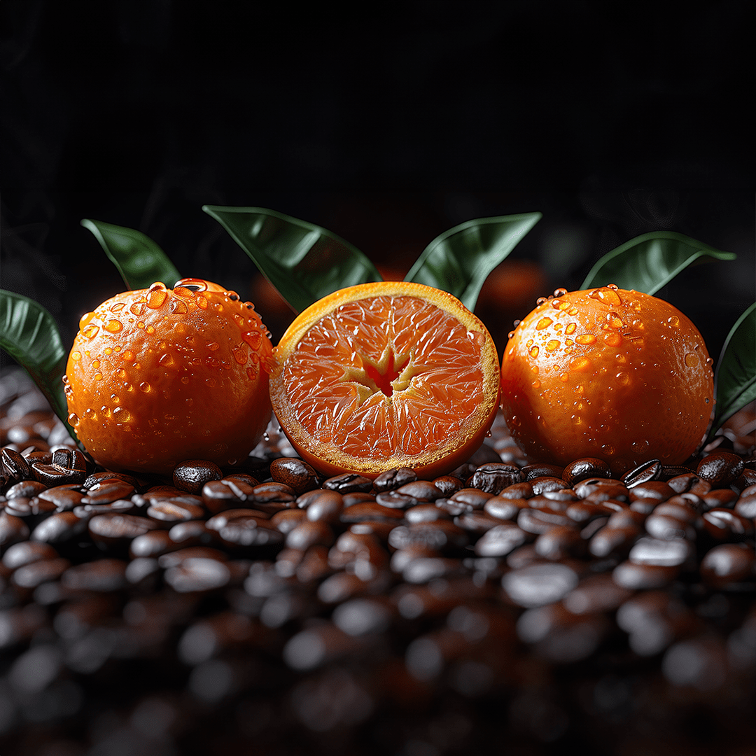 Fresh oranges on top of BEVAS coffee beans