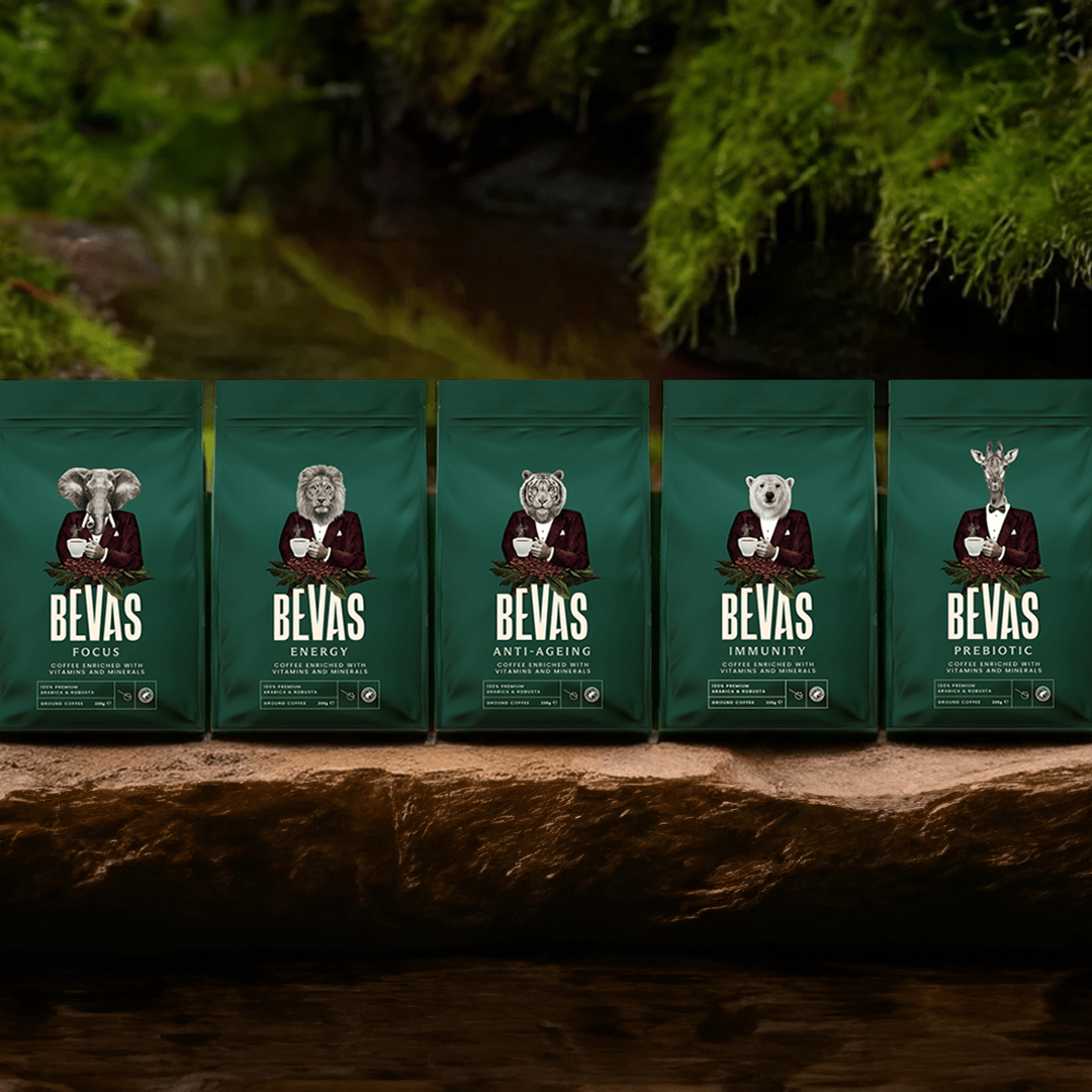 BEVAS Coffee Blends featuring five variants: Focus, Energy, Anti-Ageing, Immunity, and Prebiotic.